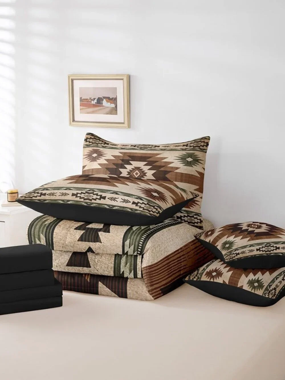 7 Pcs Bohemian Tribal King Bedding Set Wooden Retro Grid Stripes Rustic Comforte